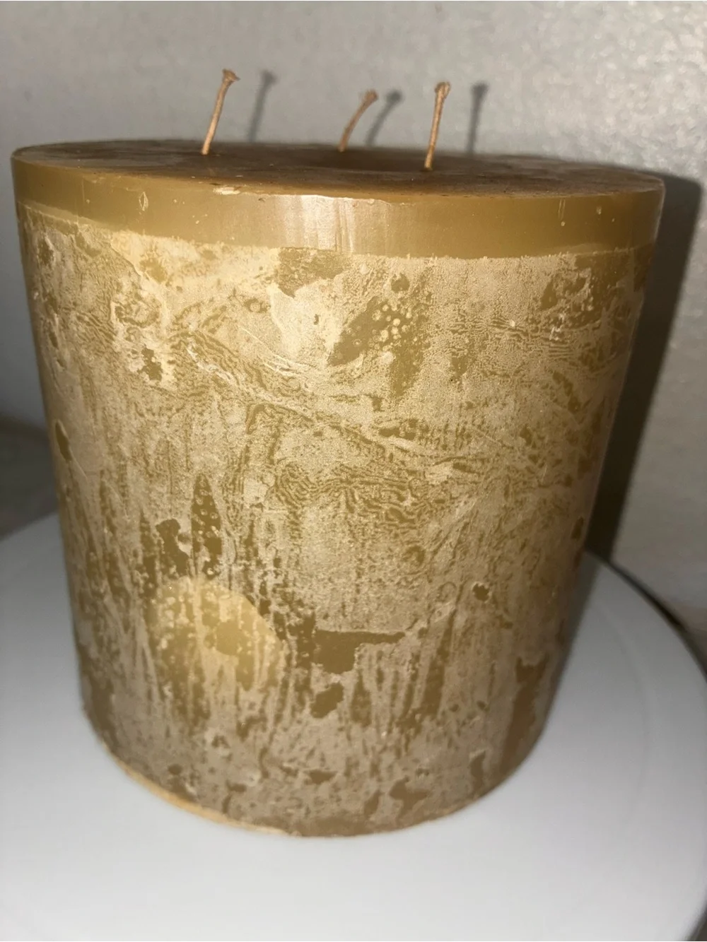 Pottery Barn Vanilla Amber Textured Triple Wick Wax Pillar Candle 6” x 6”